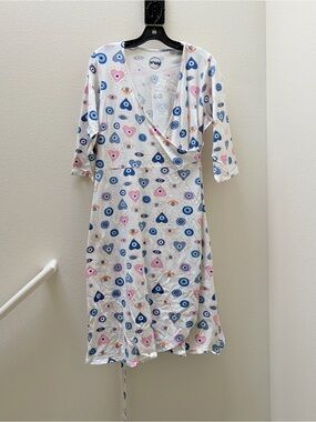 Snag Mati Wrap Dress Evil Eye Pink & Blue Heart Print Size F 2X Cotton